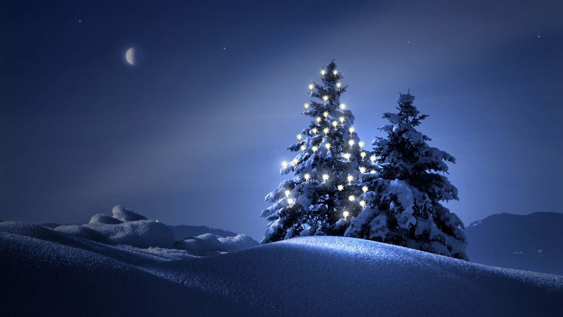 聖誕樹動畫 桌布 壁紙 — 一棵被雪覆蓋的松樹，裝飾著發光的燈飾，獨自矗立在雪丘上，背景是新月和滿天星斗的夜空。