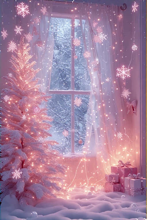 Cozy Christmas Scene Pink & White Festive Wallpaper 4K 壁紙 — 一棵被雪覆蓋的松樹裝飾著發光的燈飾，站在窗邊，窗外飄落雪花，包裹好的禮物在柔和的粉紅和藍色暮光下。