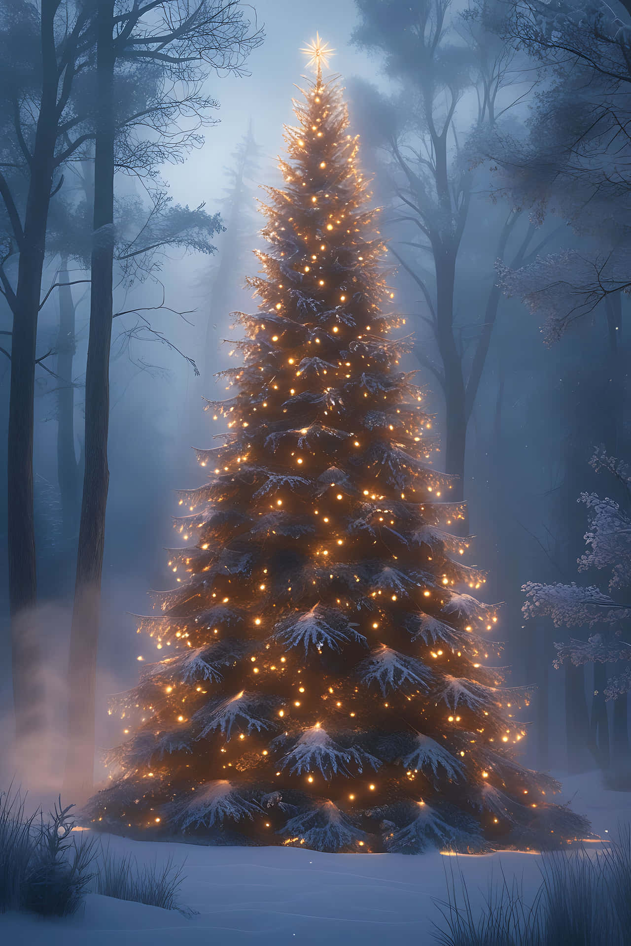 Illuminated christmas tree in snowy forest 壁紙 — 一棵被雪覆蓋的聖誕樹，散發著溫暖的光芒，獨自矗立在黃昏時分霧氣瀰漫的冬季森林中。