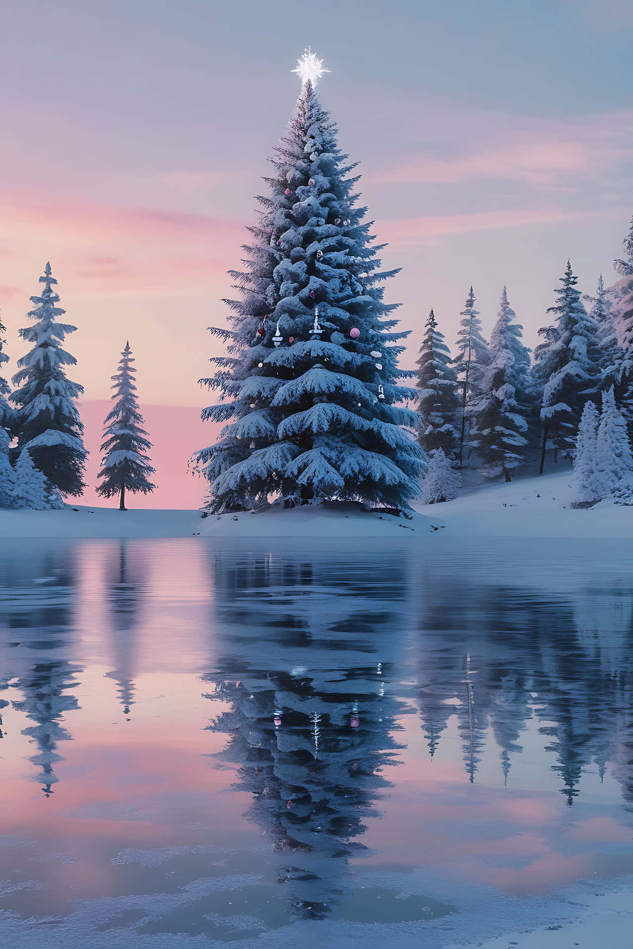 Serene winter sunset over snowy forest 壁紙 — 一棵被雪覆蓋的聖誕樹，裝飾著燈光和星星，矗立在結冰的湖邊，湖面反射出粉紅色和藍色的暮色天空。