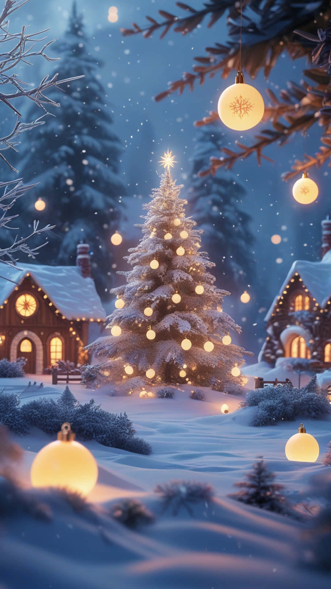 Christmas Wallpaper 壁紙 — 一棵被雪覆蓋的聖誕樹，裝飾著發光的黃色飾品，矗立在一個舒適的村莊裡，暮色中雪花飄落。