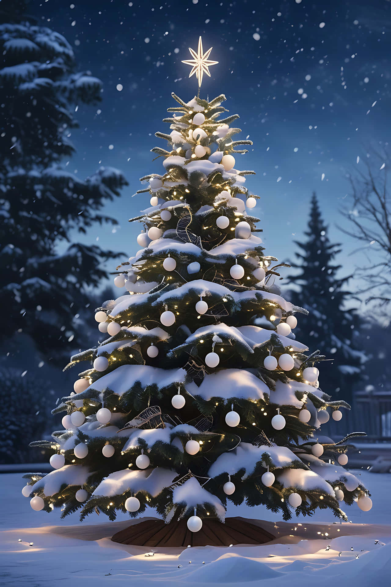 Snowy christmas tree in winter wonderland 壁紙 — 一棵被雪覆蓋的聖誕樹，裝飾著白色飾物和閃爍的燈光，站在雪夜天空下，頂部有一顆發光的星星。
