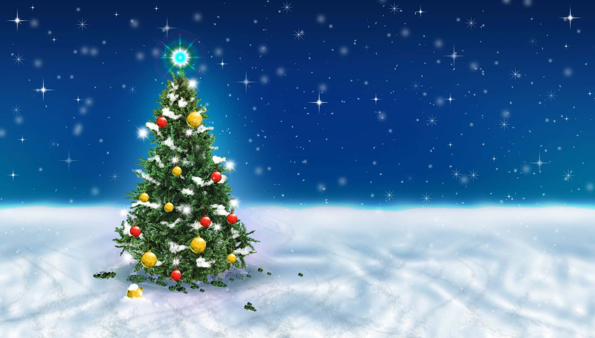 High Resolution Christmas 桌布 壁紙 — 一棵被雪覆蓋的聖誕樹，裝飾著紅色和黃色的飾物和一顆發光的星星，獨自站在繁星點點的冬日天空下。
