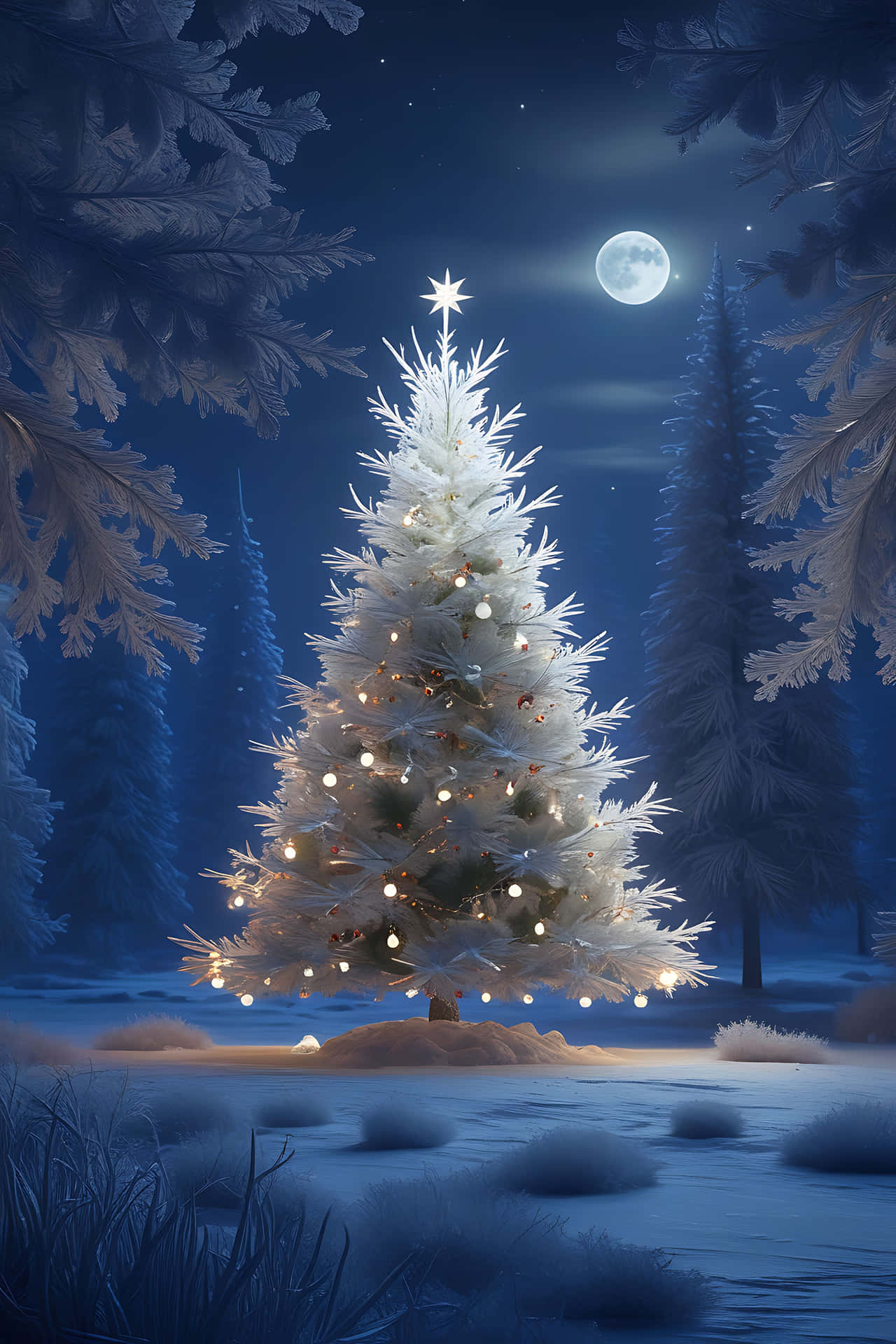 Enchanted winter night with illuminated tree 壁紙 — 一棵被雪覆蓋的聖誕樹，裝飾著閃爍的燈光和星星，矗立在月光下的冬季森林中，夜空晴朗。