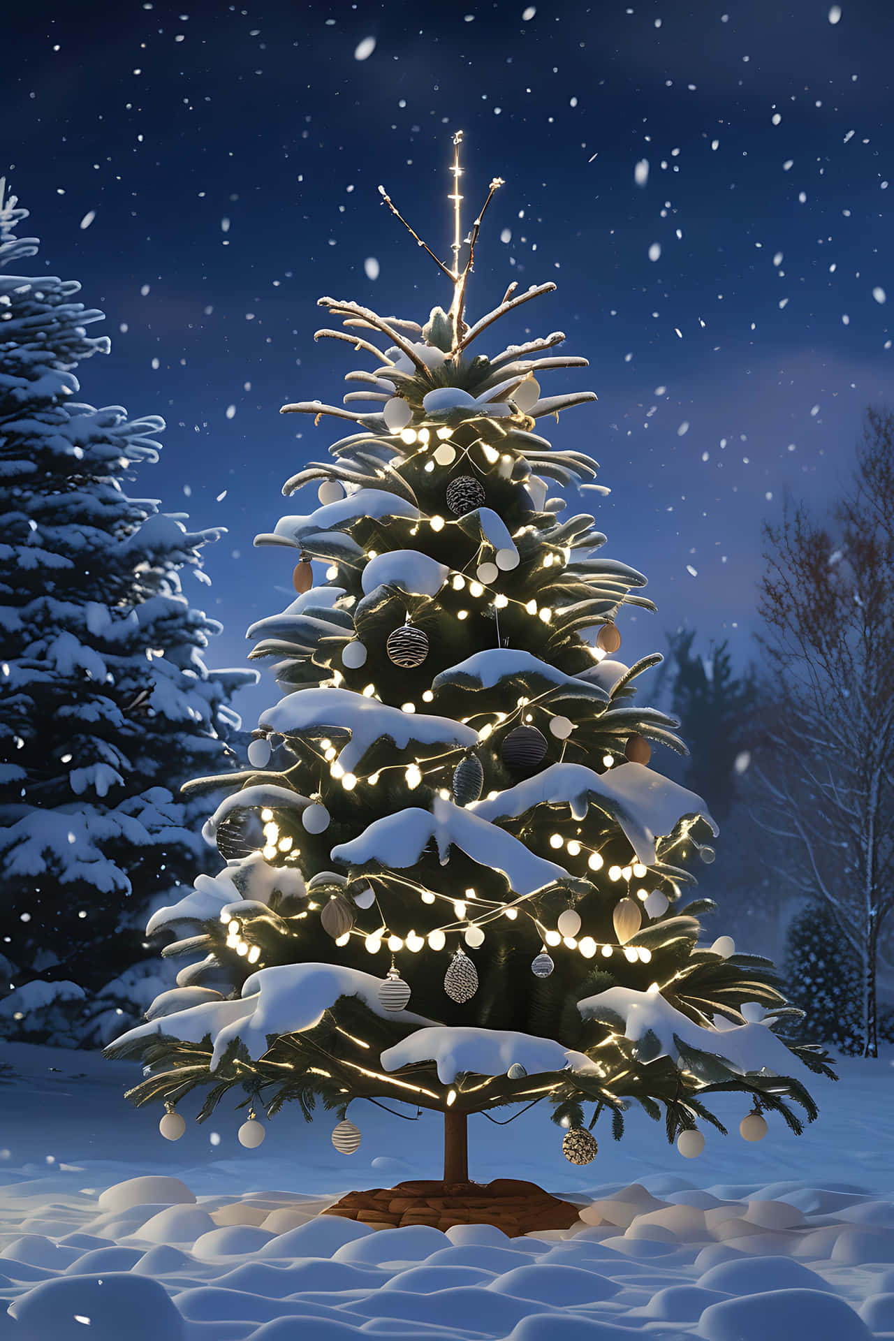 Snowy christmas tree in winter night 壁紙 — 一棵被雪覆蓋的聖誕樹，裝飾著閃爍的燈光和飾品，在星空下的雪地森林中高高聳立。