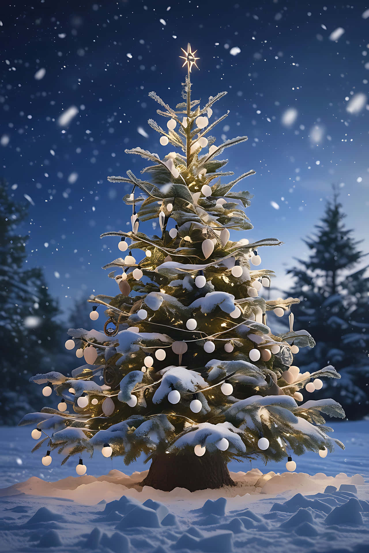 Snowy christmas tree with lights 壁紙 — 一棵被雪覆蓋的聖誕樹，裝飾著閃爍的白燈和飾物，在繁星點點的夜空下，雪花輕輕飄落。