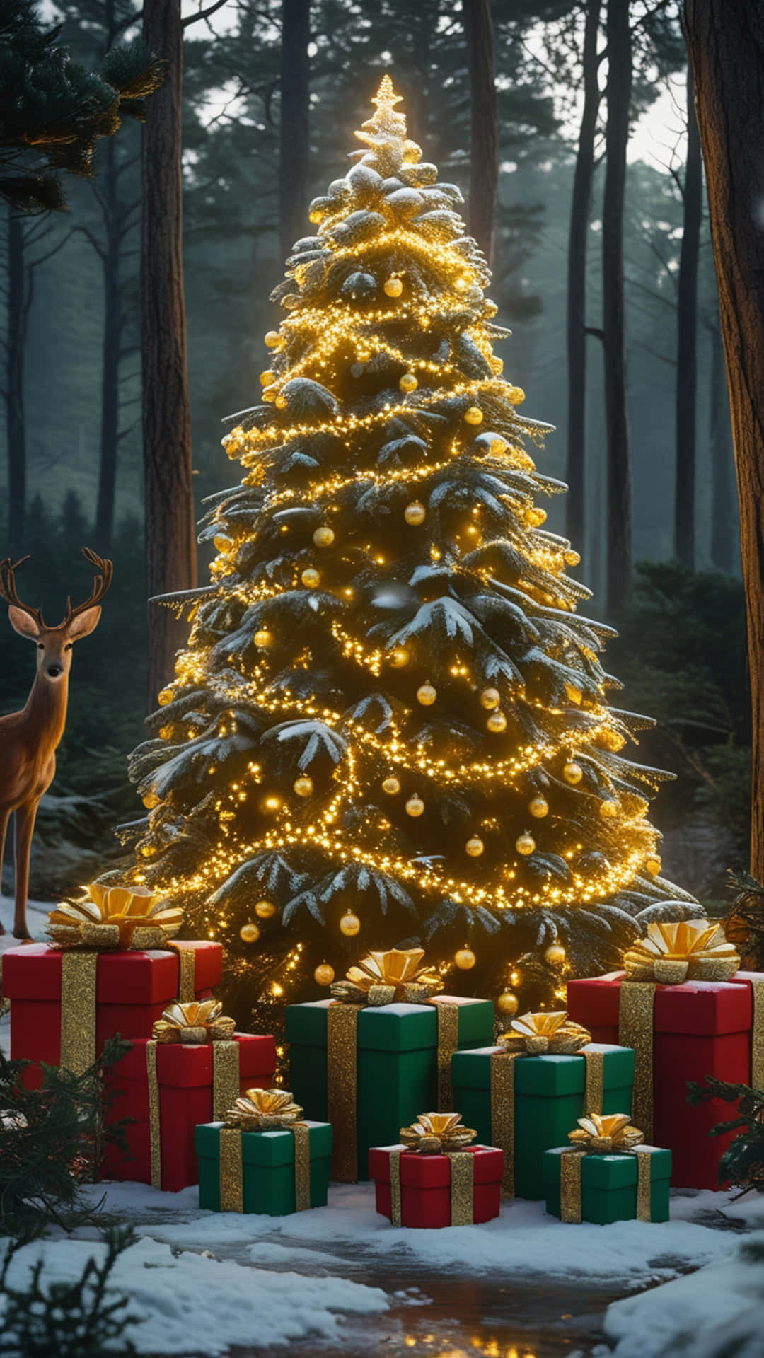 Christmas Wallpaper 壁紙 — 一棵被雪覆蓋的聖誕樹，閃爍著金色燈光和裝飾品，矗立在迷霧森林中，周圍有紅色和綠色的禮物盒，附近有一隻鹿。