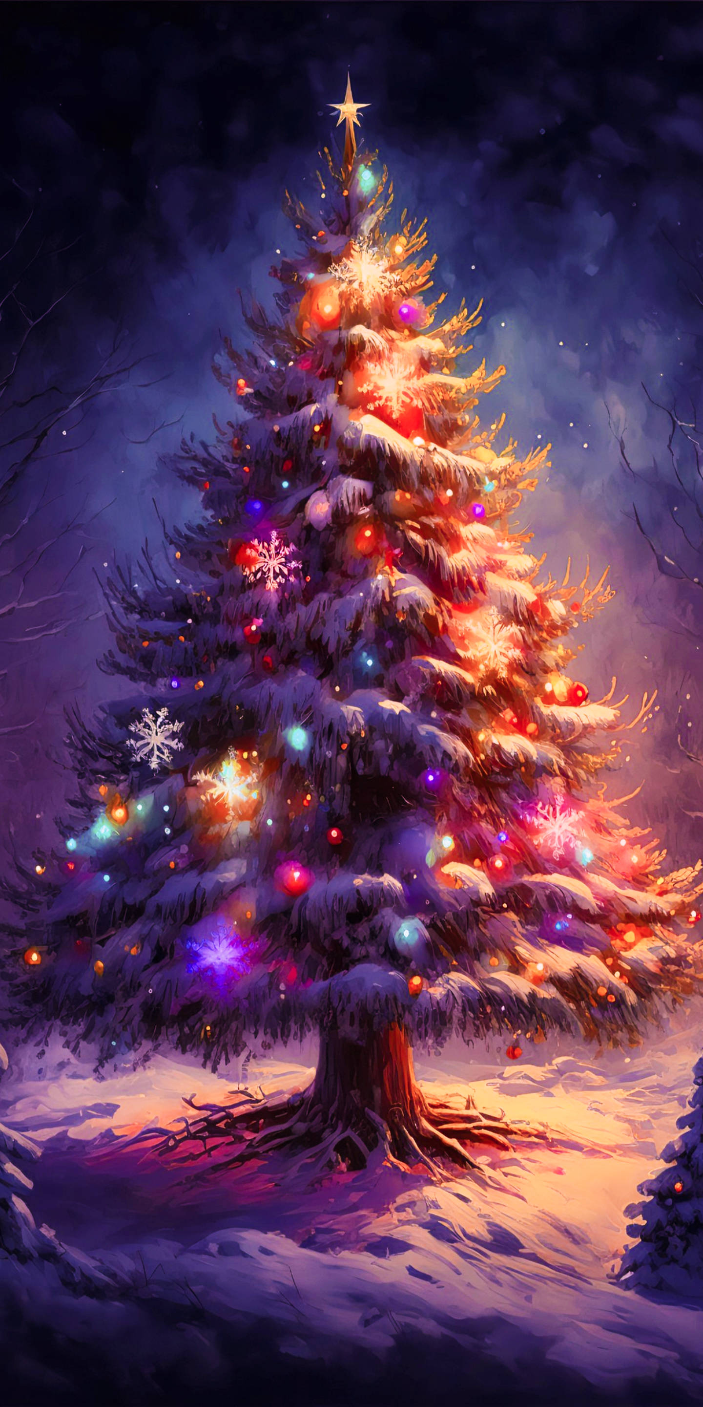 Snowy Christmas 桌布 壁紙 — 一棵被雪覆蓋的聖誕樹在星空下閃爍著五彩繽紛的燈光和雪花。