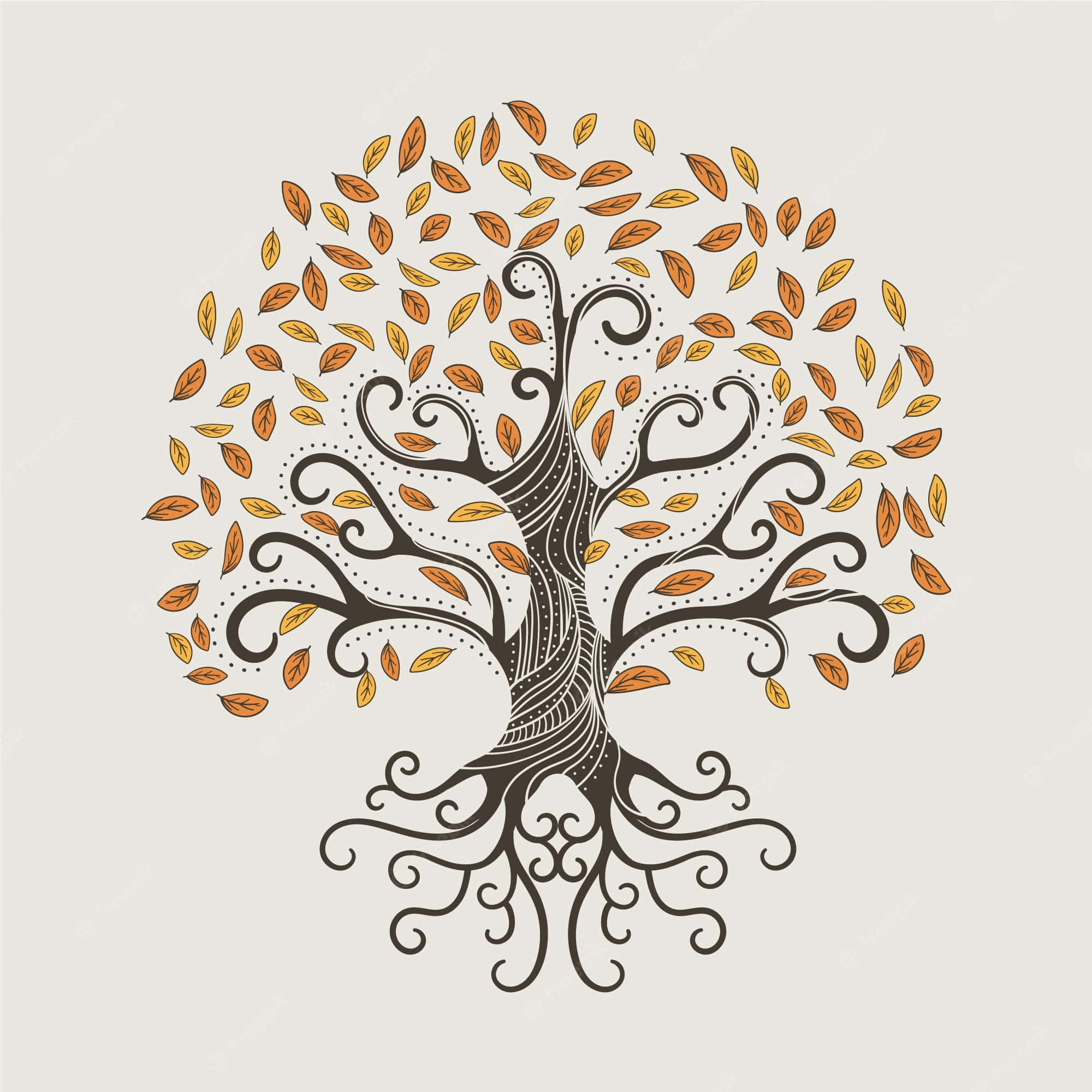 Tree Of Life 桌布 壁紙 — 一棵裝飾性的風格化樹木，帶有旋轉的樹枝和金色葉子，襯以柔和的米色背景。