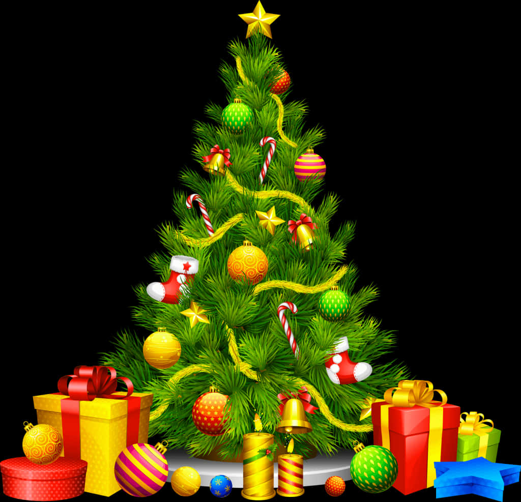 Christmas Decoration 桌布 壁紙 — 一棵裝飾明亮的聖誕樹，帶有彩色裝飾品、拐杖糖和禮物，背景為黑色。