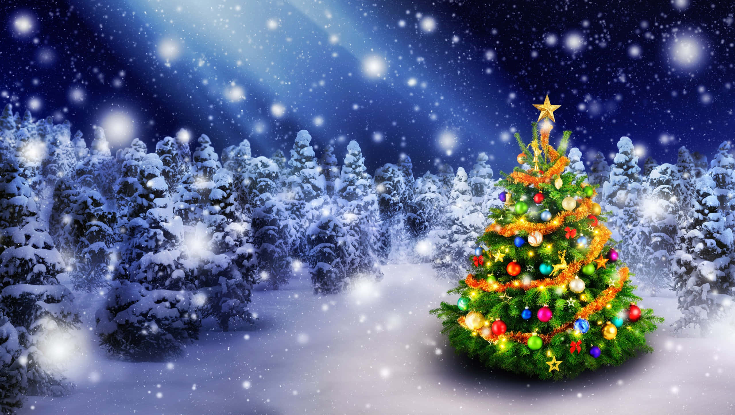 Christmas Snow 桌布 壁紙 — 一棵裝飾明亮的聖誕樹矗立在雪地森林中，星空下飄著雪花。