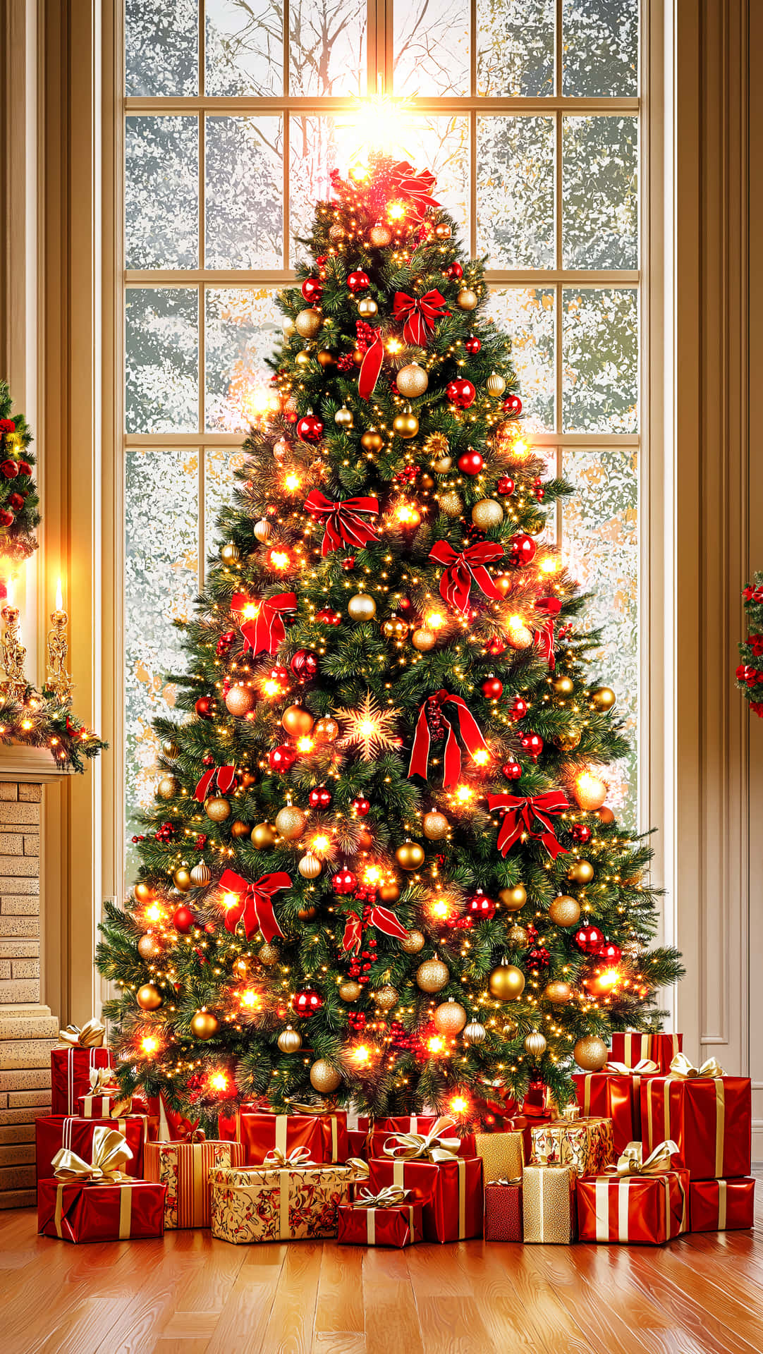 Christmas Wallpapers 壁紙 — 一棵裝飾華麗的聖誕樹，帶有紅色蝴蝶結、金色飾品和閃爍的燈光，高高地矗立在一扇大雪紛飛的大窗前，周圍是木地板上的包裝禮物。