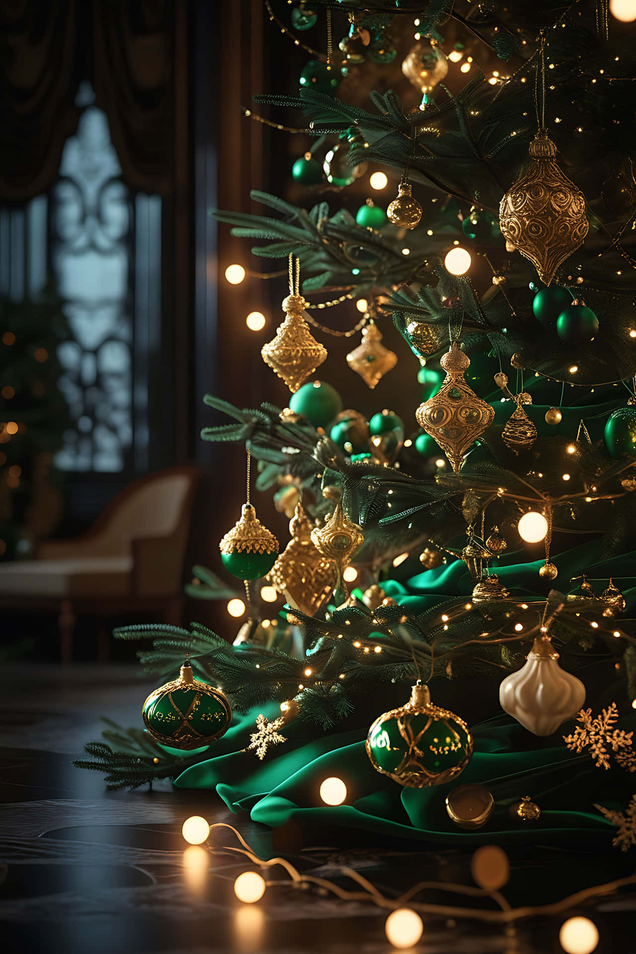 Elegant christmas tree with green and gold ornaments 壁紙 — 一棵裝飾華麗的聖誕樹，帶有綠色和金色的裝飾品，在昏暗的優雅房間中溫暖地閃耀。
