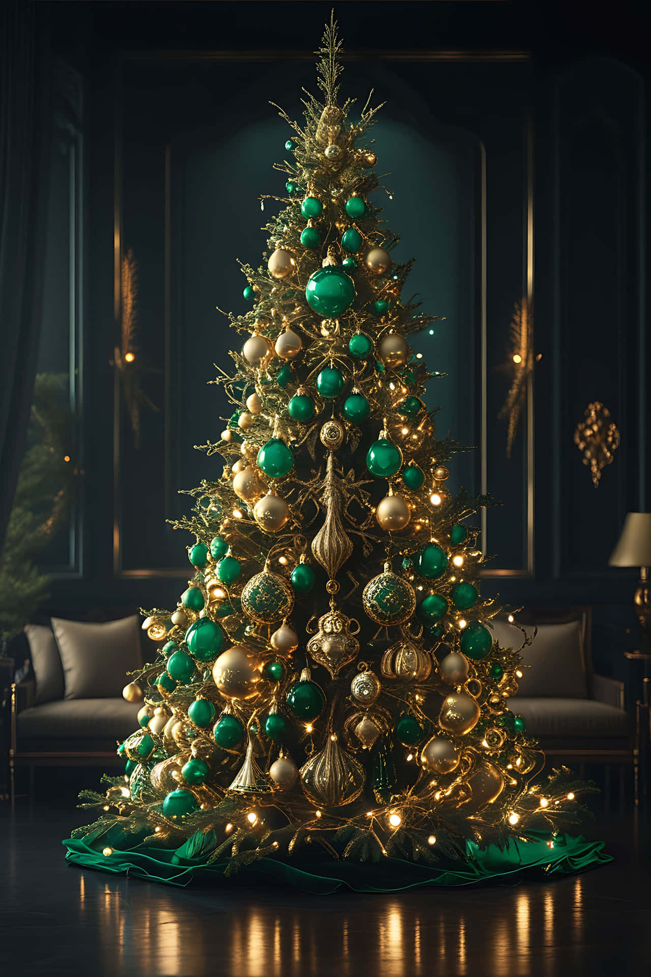 Elegant christmas tree with green and gold ornaments 壁紙 — 一棵裝飾華麗的聖誕樹，飾有金色和祖母綠色的裝飾品，在黑暗優雅的房間中溫暖地發光。