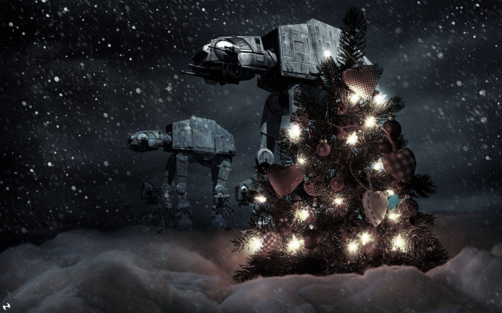Star Wars iPad 桌布 壁紙 — 一棵裝飾著燈光和心形的節日聖誕樹矗立在雪地中，旁邊有兩台AT-AT步行機，背景是繁星點點的夜空。