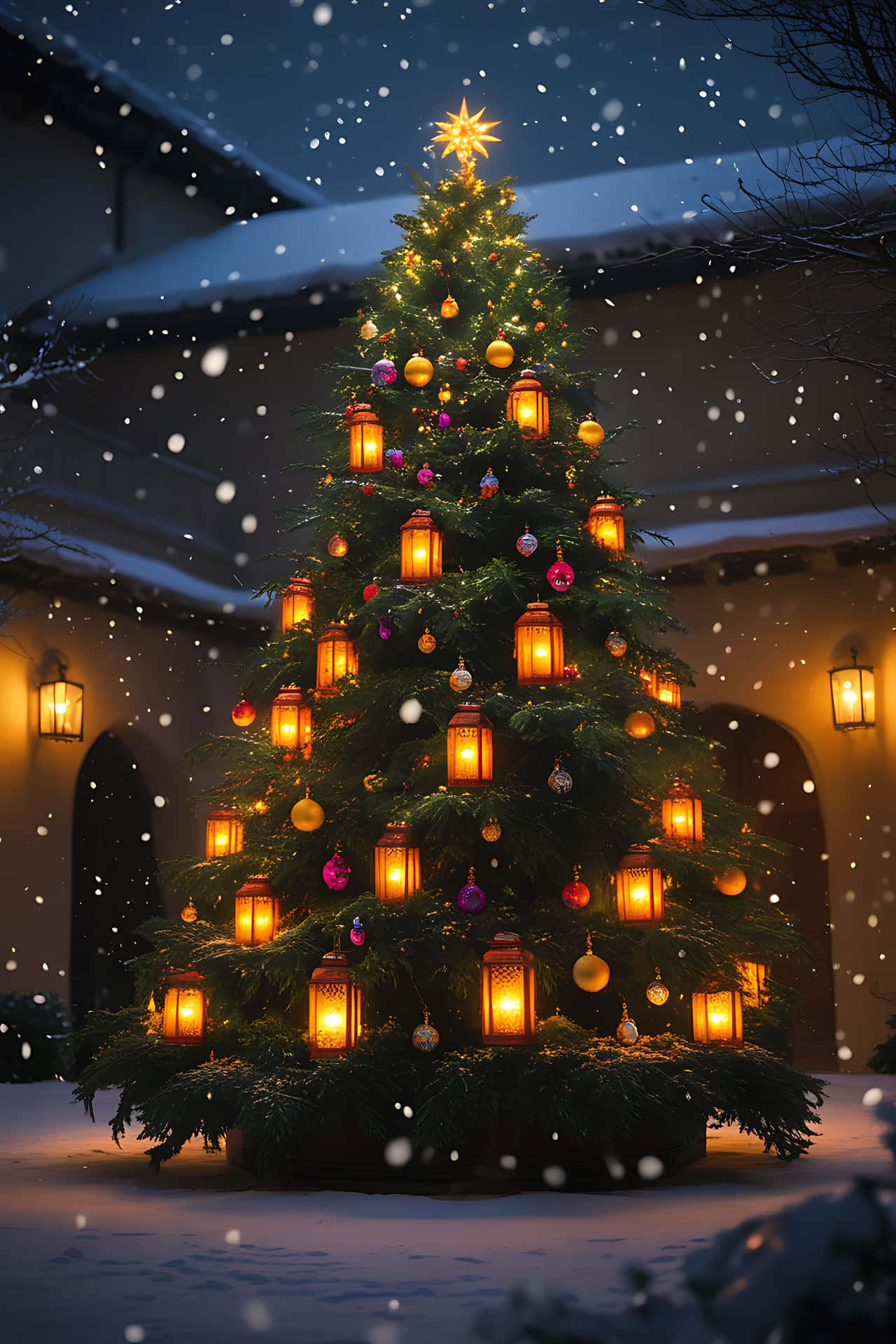 Illuminated christmas tree in snowy courtyard 壁紙 — 一棵裝飾著發光燈籠和彩色飾品的大聖誕樹，矗立在飄雪中的雪地庭院裡。