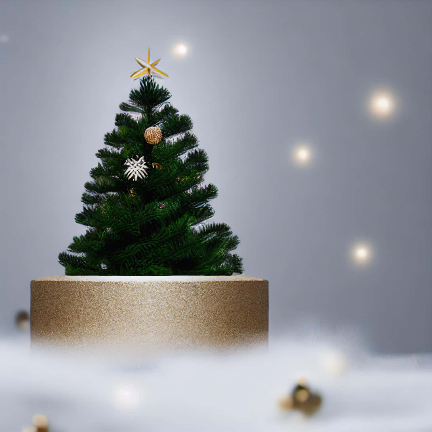 3d Christmas 桌布 壁紙 — 一棵裝飾著金色星星和雪花飾物的小聖誕樹，放置在閃閃發光的金色底座上，背景是柔和的灰色和散景燈光。