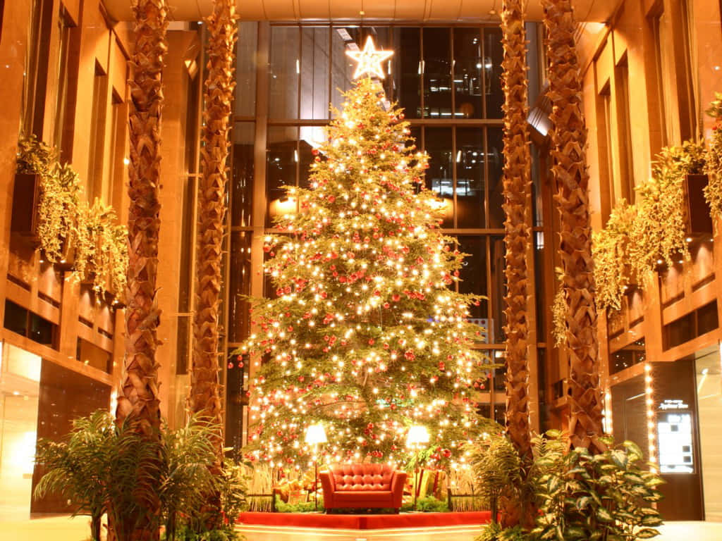 Aesthetic Christmas Tree 桌布 壁紙 — 一棵裝飾著閃爍燈光和紅色飾品的大聖誕樹，矗立在豪華飯店大廳，周圍環繞著棕櫚樹和金色裝飾。