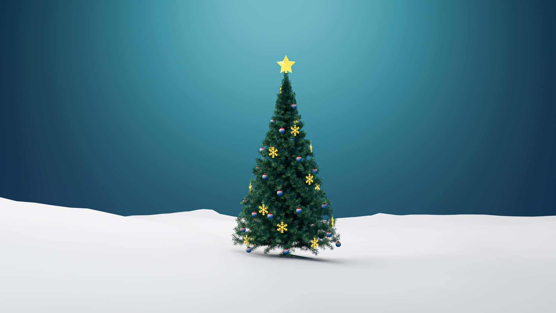 High Resolution Christmas 桌布 壁紙 — 一棵裝飾著黃色雪花和藍色飾物的節日聖誕樹，獨自矗立在雪地上，背景是漸層的青色天空。