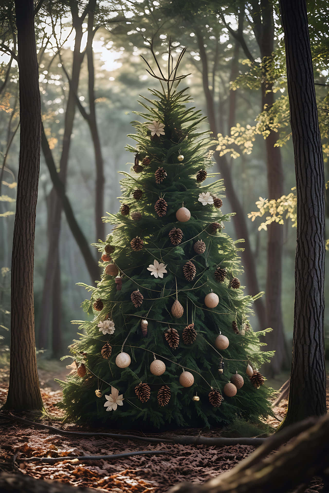 Christmas tree in forest 壁紙 — 一棵裝飾過的常青樹矗立在陽光明媚的森林中，裝飾著松果和白色花朵。
