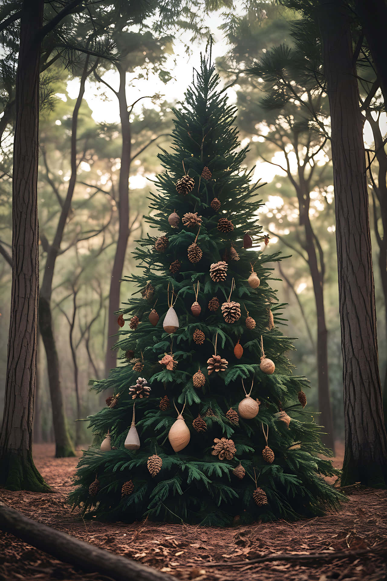 Christmas tree in the forest 壁紙 — 一棵裝飾過的常青樹矗立在霧氣瀰漫的森林中，松果和木製飾品掛在樹枝上。