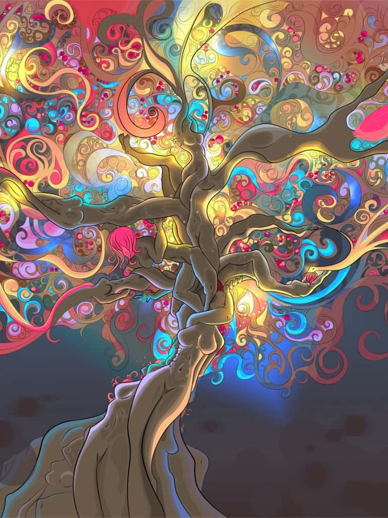 Psychedelic Grunge 桌布 壁紙 — 一棵超現實的樹，帶有發光的樹枝和旋轉的迷幻圖案，在黑暗的背景下爆發出鮮豔的色彩。