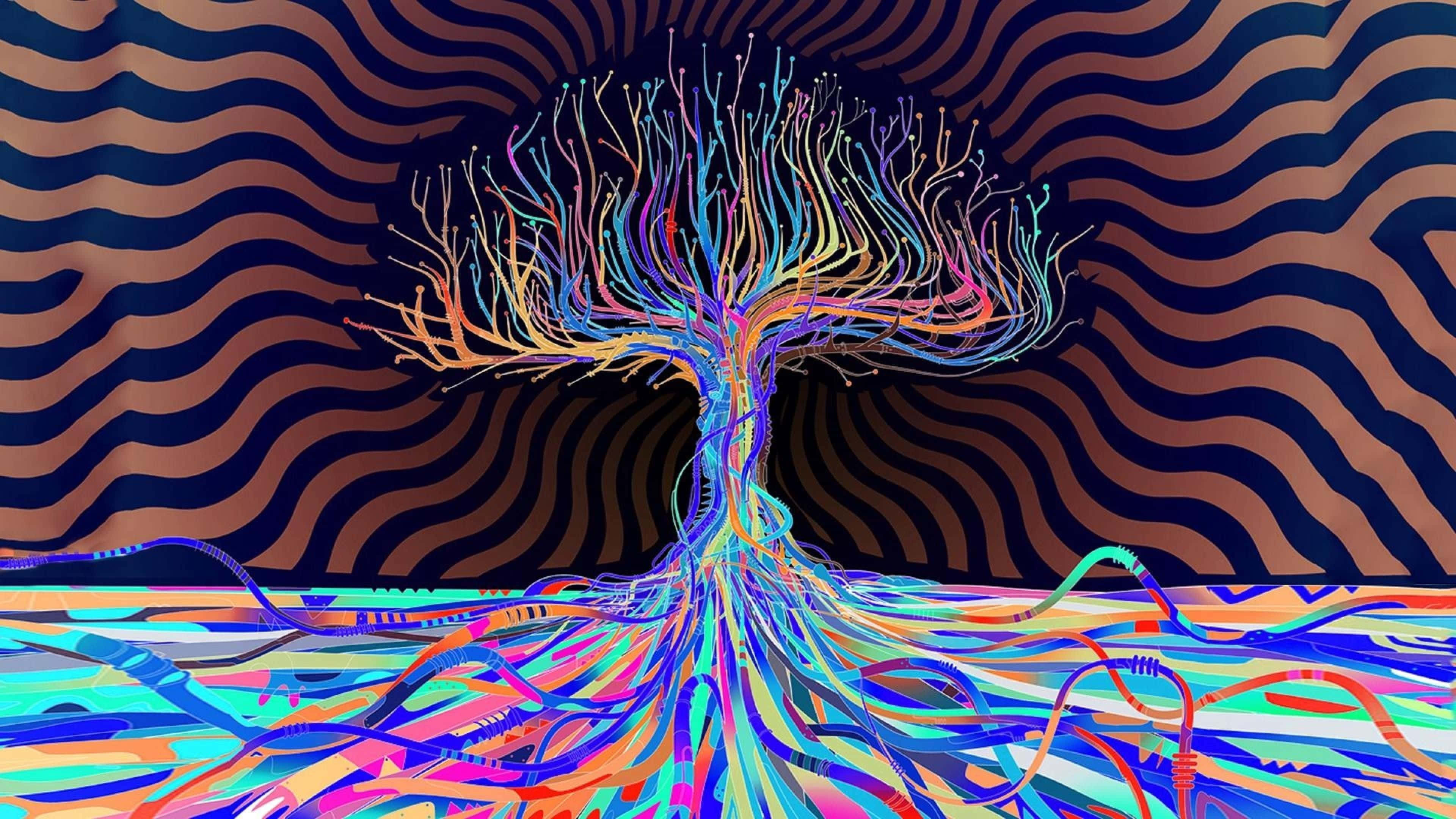 Dark Psychedelic HD 桌布 壁紙 — 一棵迷幻樹，帶有霓虹燈根和樹枝，在催眠的波浪條紋背景中生長。