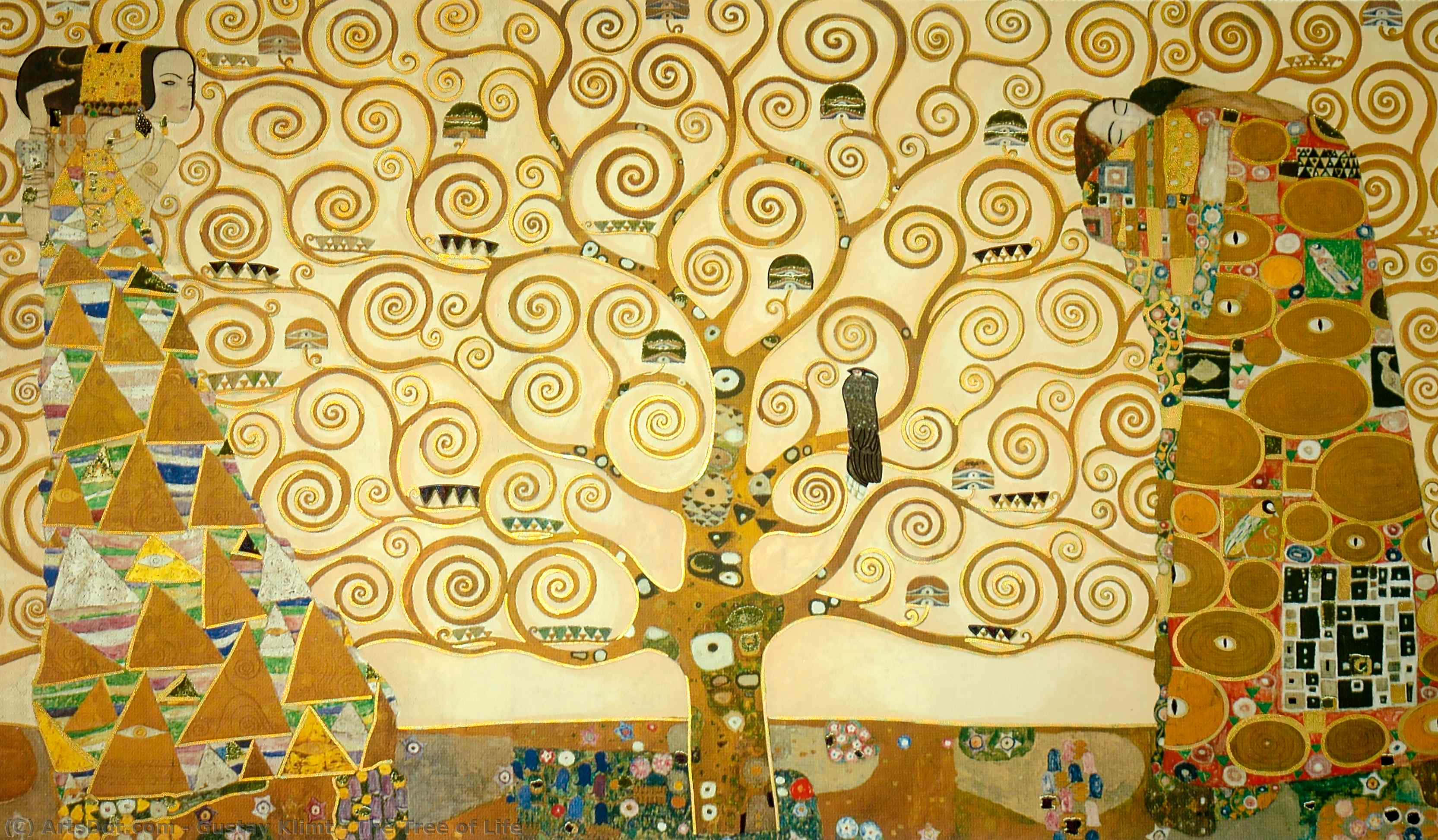 Painting Desktop 桌布 壁紙 — 一棵金色旋轉的樹，帶有複雜的圖案和風格化的人物，以充滿活力的馬賽克風格呈現。