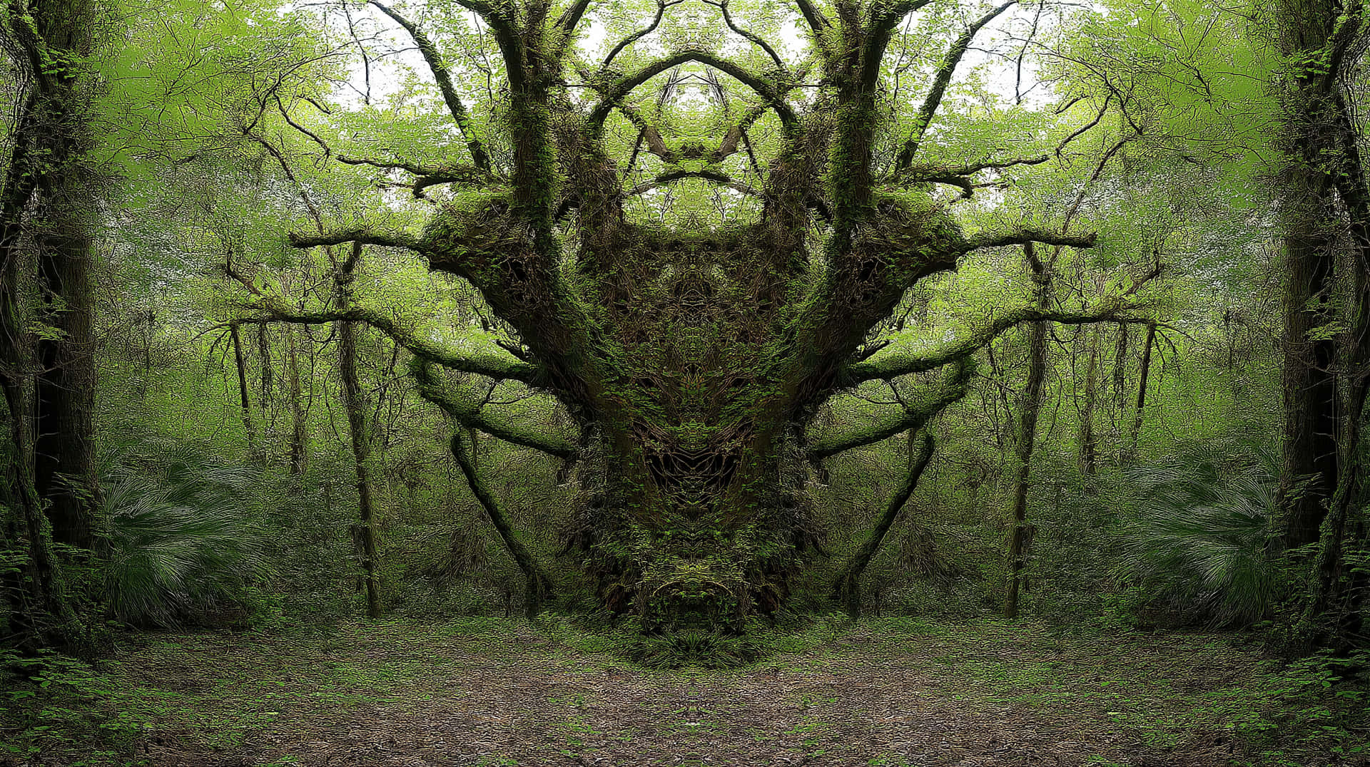 Mirrored Tree Forms in a Verdant Forest Setting 壁紙 — 一棵長滿苔蘚的森林樹木，對稱的樹枝在綠色樹冠背景下形成類似面孔的輪廓。