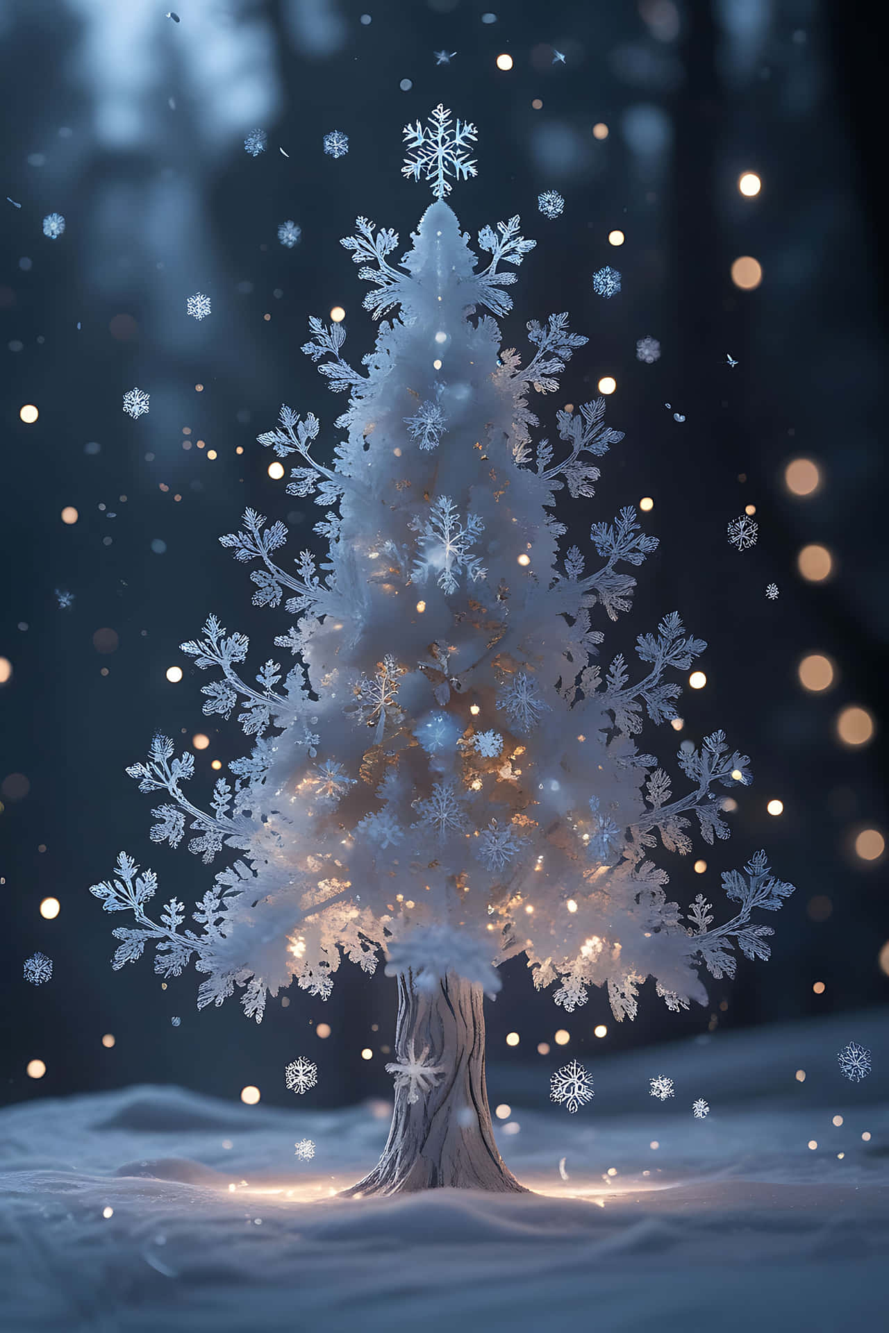 Magical snowflake tree in winter night 壁紙 — 一棵閃亮的白色雪花裝飾樹在深藍色雪景背景下溫暖地發光，飄浮著雪花和散景燈光。