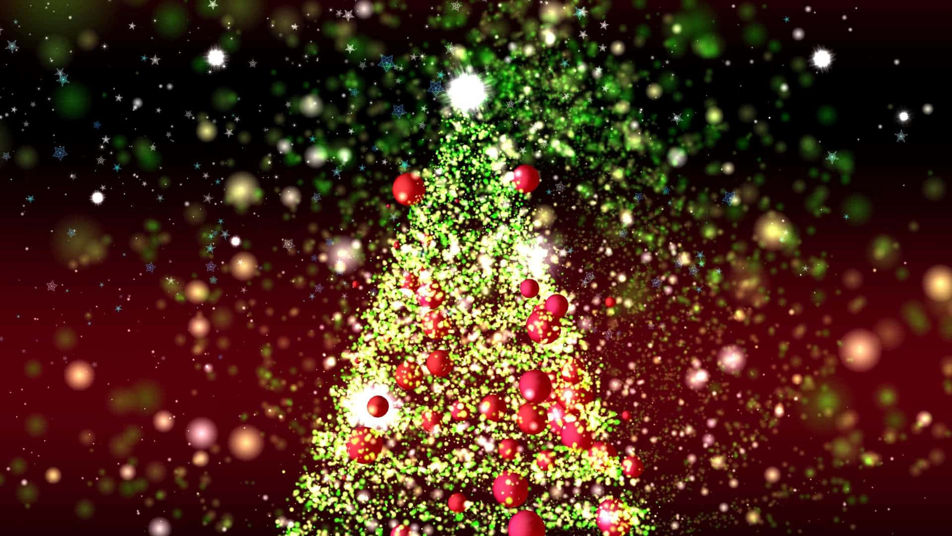 Christmas Lights Aesthetic 桌布 壁紙 — 一棵閃爍的綠色聖誕樹，裝飾著紅色飾物和發光的燈光，背景是節日的散景效果。