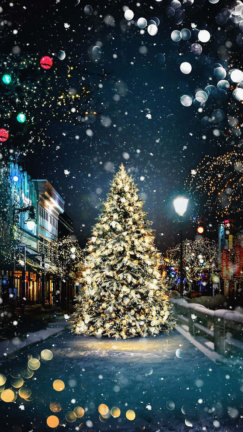 Christmas Snow 桌布 壁紙 — 一棵閃爍的聖誕樹矗立在積雪的城鎮廣場上，夜晚時節慶燈光閃爍，雪花飄落。