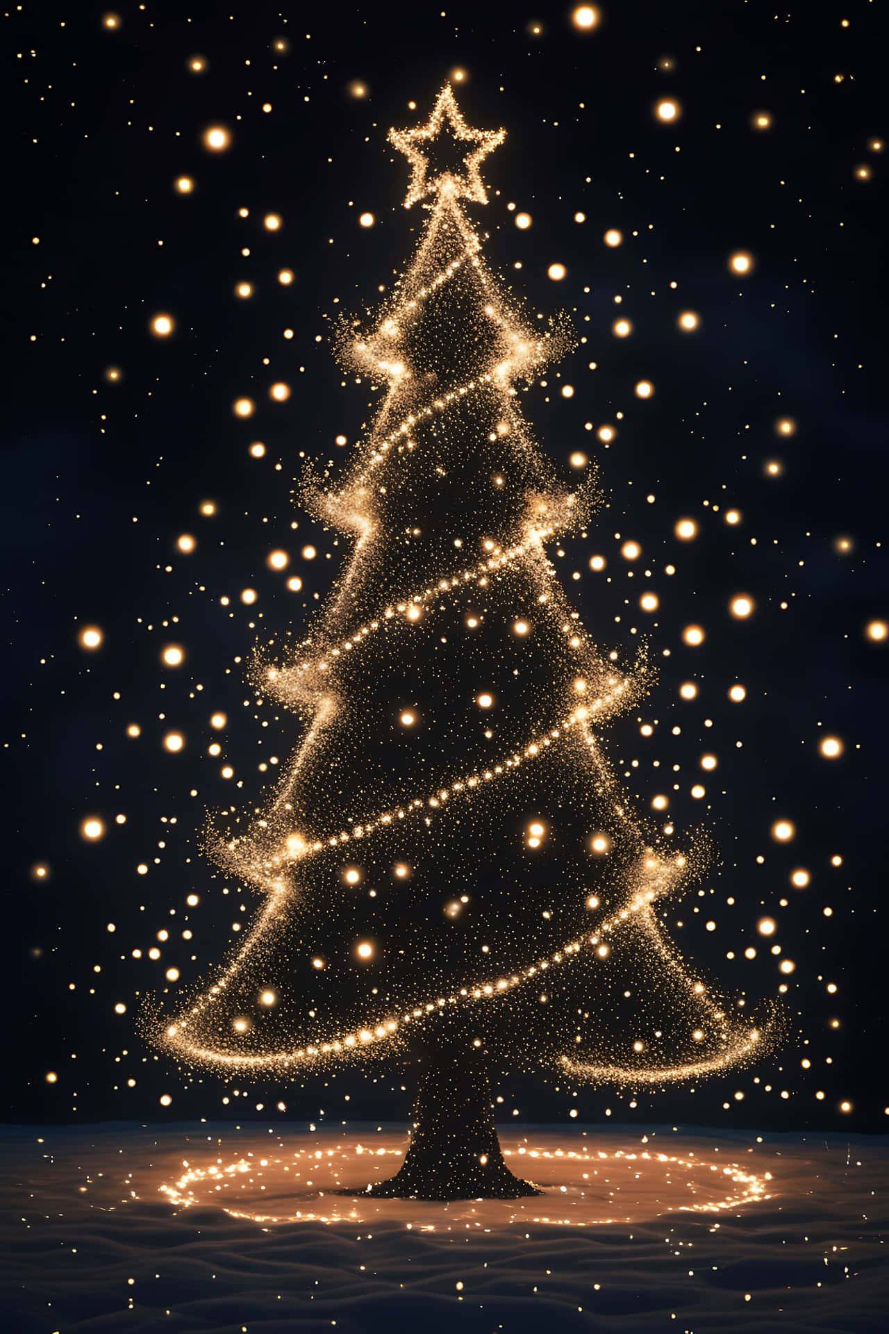 Illuminated christmas tree 壁紙 — 一棵閃爍金光的聖誕樹，由閃爍的燈光勾勒出輪廓，矗立在繁星點點的夜空下，雪花飄落。