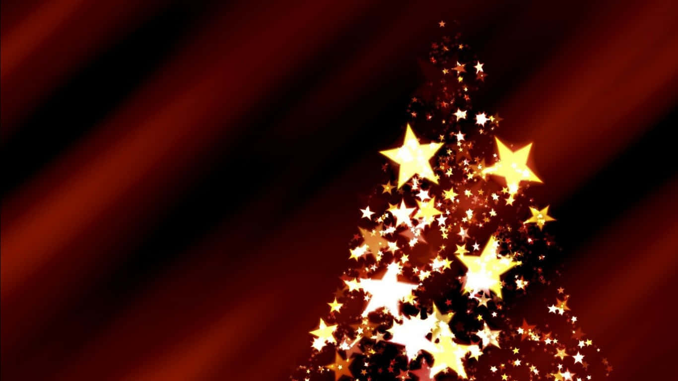 Christmas Star 桌布 壁紙 — 一棵閃耀的金色星星樹在帶有柔和光線的濃郁紅色漸變背景上發光。