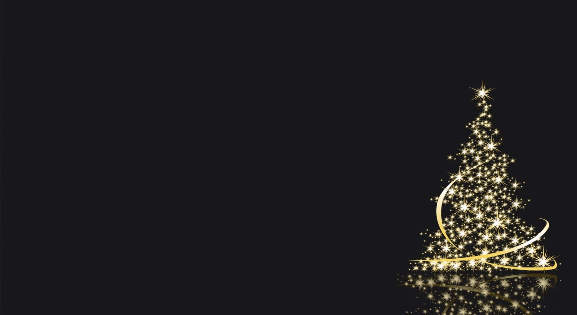 Gold Christmas 桌布 壁紙 — 一棵閃耀的金色聖誕樹，裝飾著閃爍的星星和優雅的絲帶，在深黑色背景上閃耀。