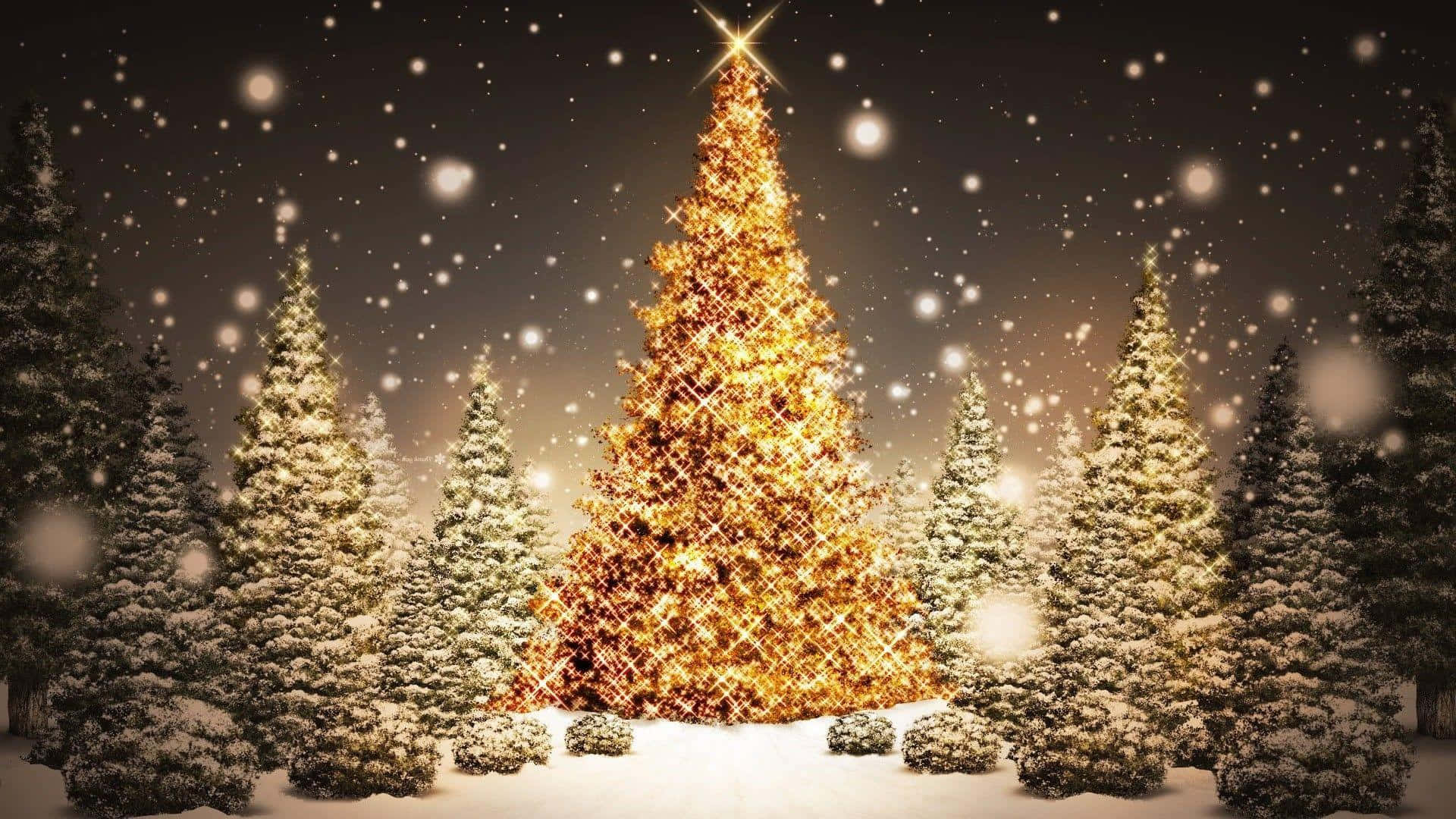 聖誕樹動畫 桌布 壁紙 — 一棵閃耀的金色聖誕樹在飄雪下發光，夜晚被積雪的松樹環繞。