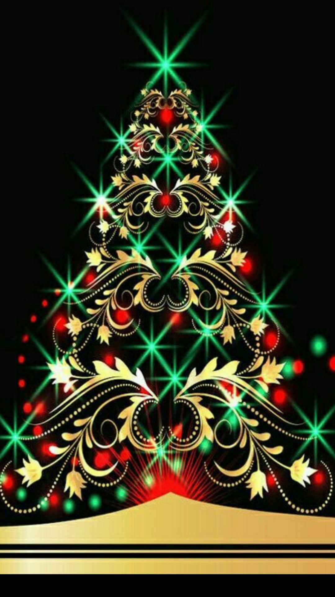 Christmas Cell Phone 桌布 壁紙 — 一棵閃耀的金色裝飾聖誕樹，點綴著閃爍的綠色和紅色燈光，背景為黑色。
