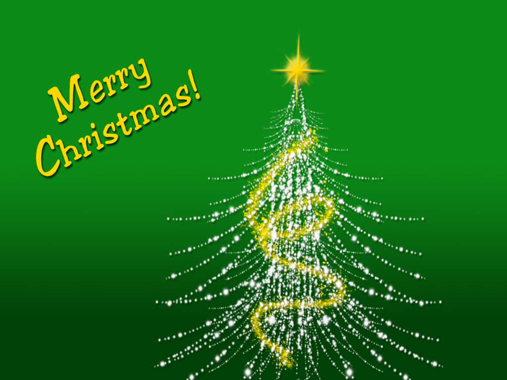 Dark Green Christmas 桌布 壁紙 — 一棵閃閃發光的聖誕樹，裝飾著白色和金色的燈光和一顆閃亮的星星，在充滿活力的綠色背景上，帶有「聖誕快樂！」文字。
