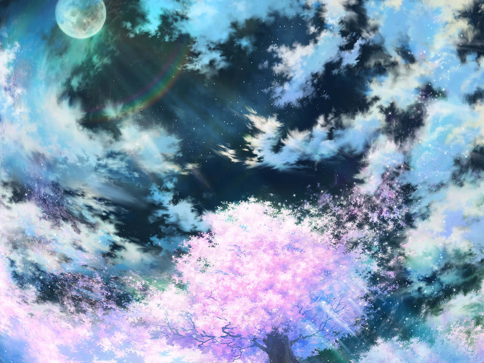 一棵開著粉紅色花朵的樹與天空中的雲朵 壁紙
