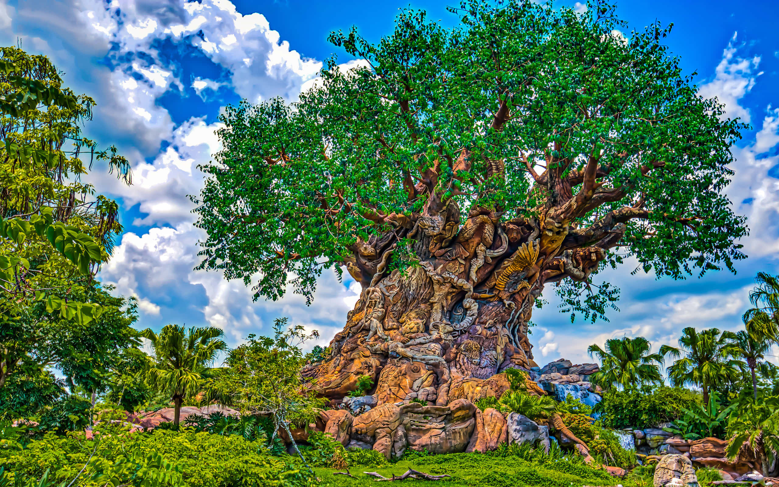 Tree Of Life 桌布 壁紙 — 一棵雄偉、雕刻精細的樹木，枝葉茂盛翠綠，在藍天白雲的映襯下高高聳立。