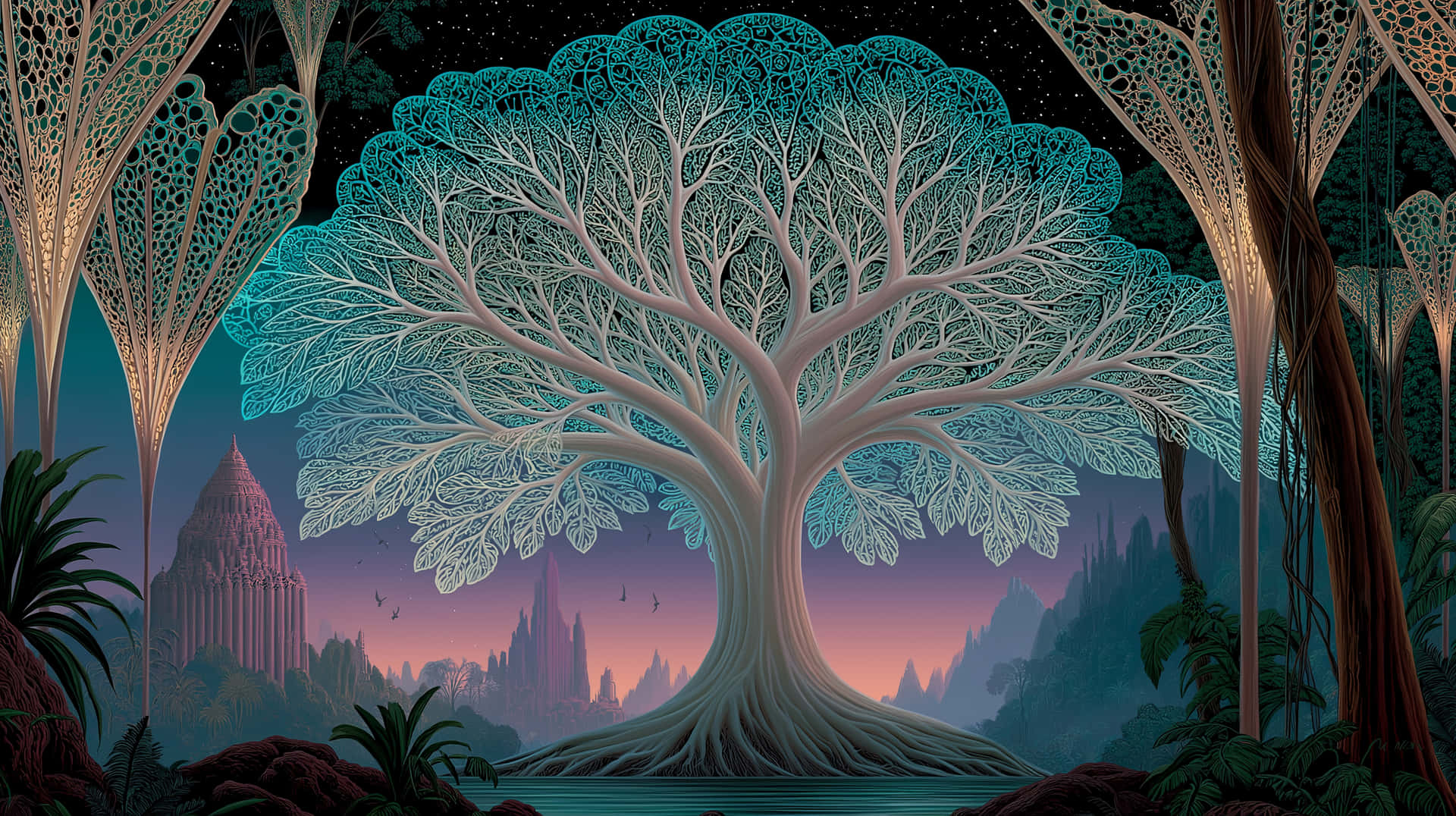 Grand Cosmic Tree of Life in a Spiritual Landscape 壁紙 — 一棵雄偉發光的樹，帶有複雜的青綠色枝條，矗立在暮色中的神秘森林中，以古老廢墟和星空為背景。