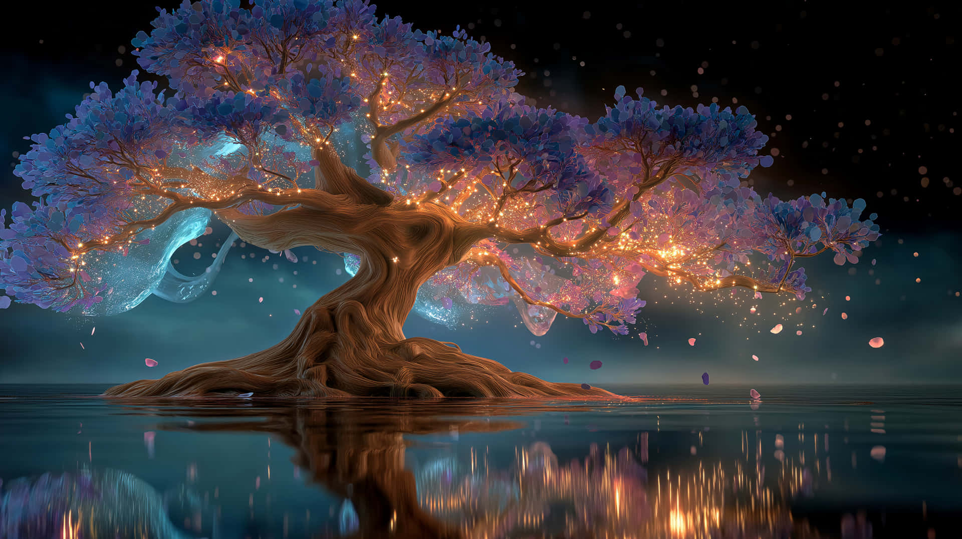 Enchanted Tree with Glowing Leaves Reflected in Water 壁紙 — 一棵雄偉的古樹，樹枝上閃爍著琥珀色的光芒，佇立在平靜的水面上，天空陰暗，花瓣飄落。