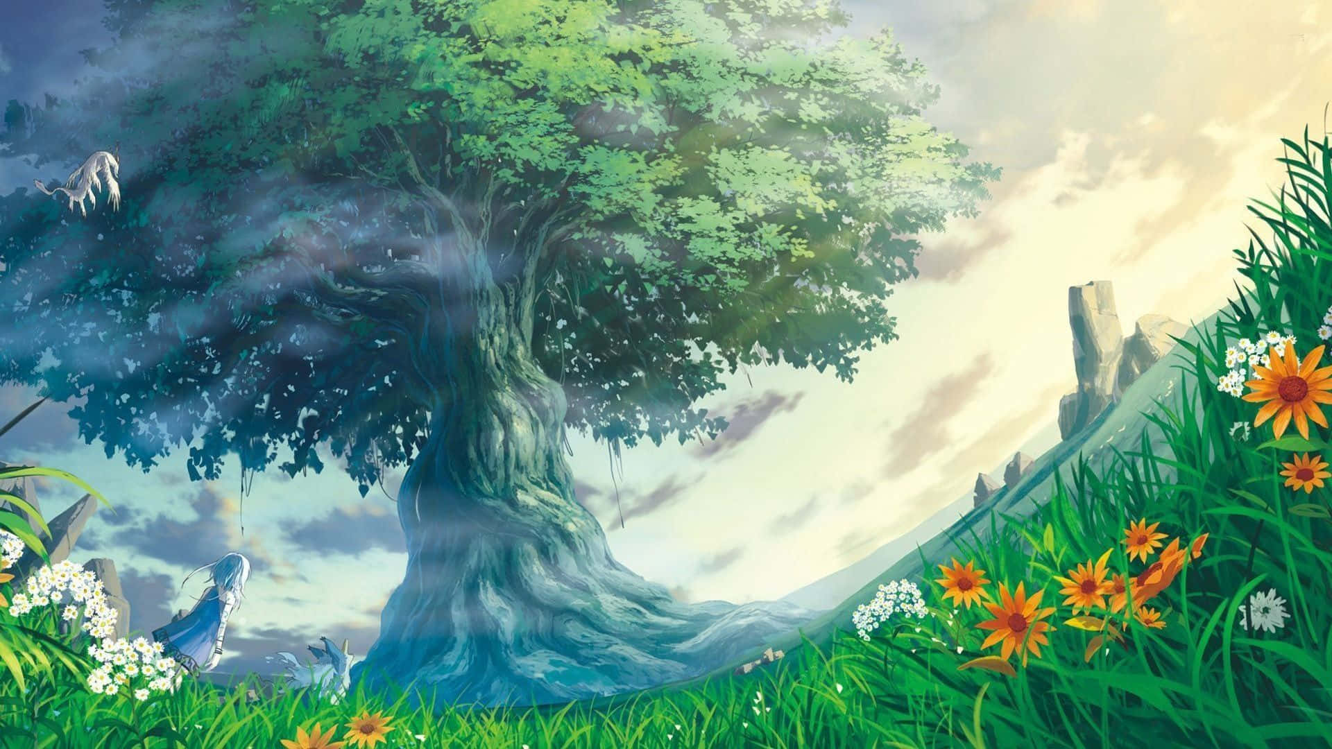 Anime Forest 桌布 壁紙 — 一棵雄偉的古樹，長滿茂密的綠葉，矗立在充滿橙色和白色花朵的 vibrant 草地上，天空柔和。