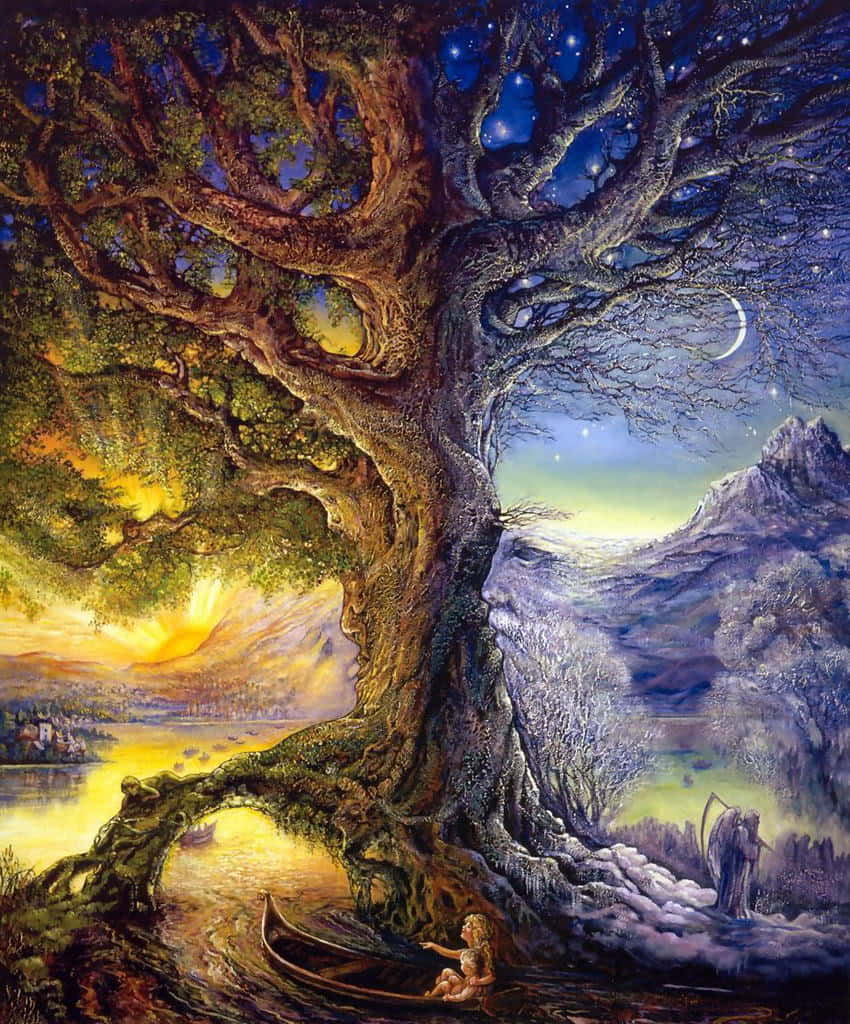 奇幻藝術 桌布 壁紙 — 一棵雄偉的古樹將黃昏場景一分為二，一側溫暖地發光，另一側則在繁星點點的月光天空下。