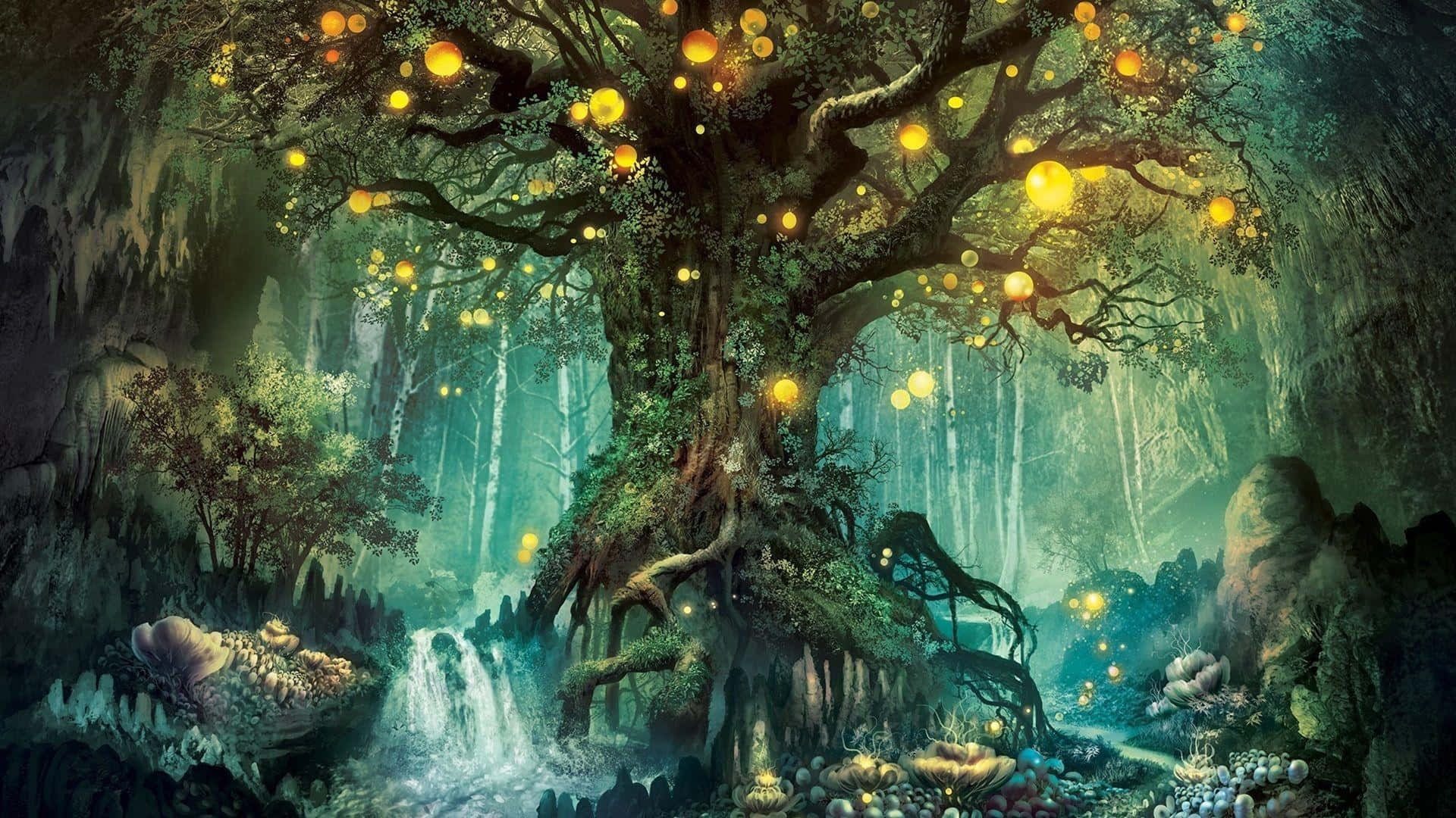 Mystical 桌布 壁紙 — 一棵雄偉的古樹帶有發光的球體，點綴著一個神秘的森林洞穴，瀑布穿過長滿苔蘚的岩石傾瀉而下。