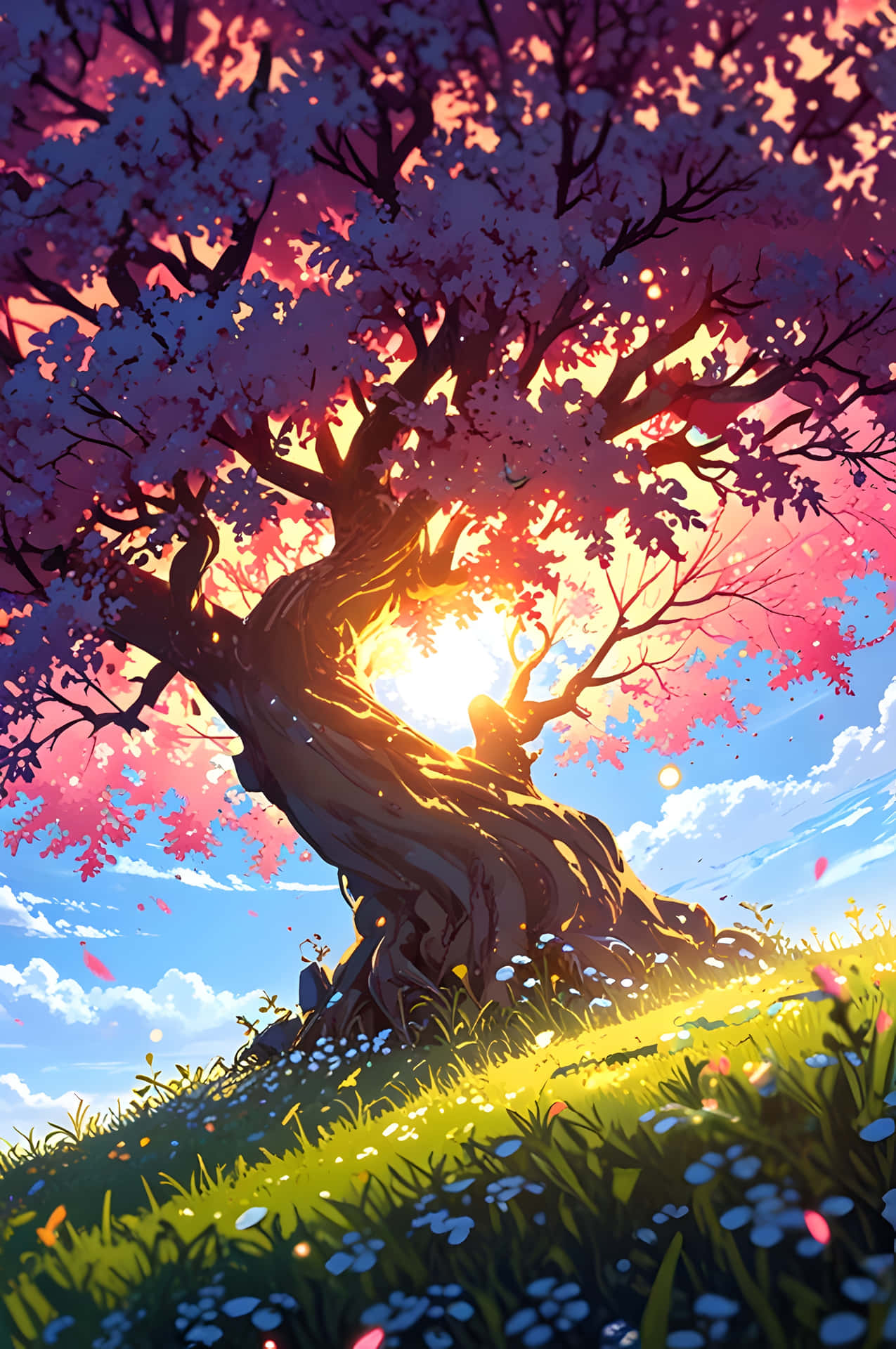 Ancient Radiant Oak 壁紙 — 一棵雄偉的古樹開著粉紅色的花朵，框住了野花田上閃耀的日落。