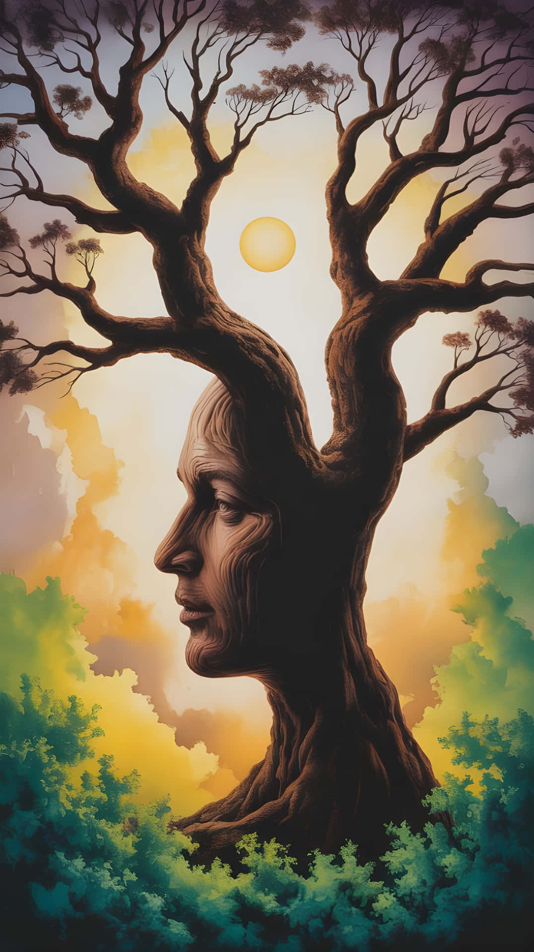 Mother Earth Nature Face Digital Art Wallpaper 壁紙 — 一棵雄偉的樹，帶有人類側面輪廓，在金色日落天空下升起，下方是充滿活力的綠色樹葉。