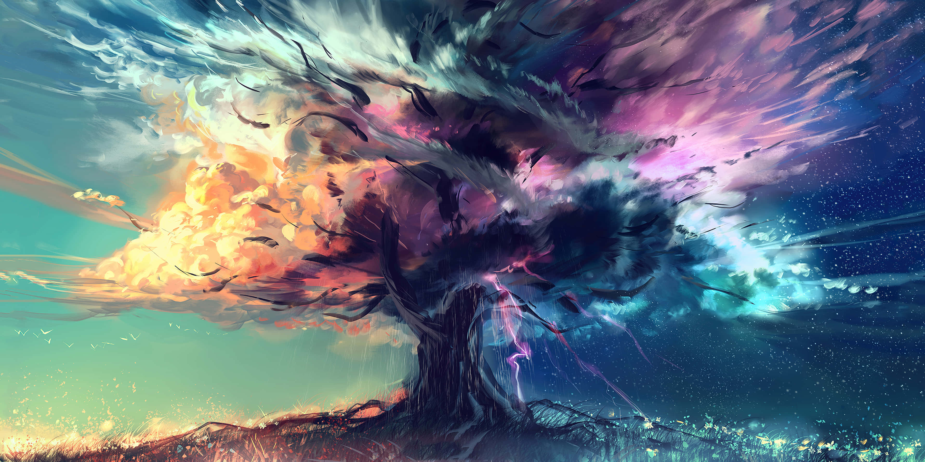 life 桌布 壁紙 — 一棵雄偉的樹，帶有旋轉的宇宙雲和閃電，從星空暮色下的草地上噴發而出。