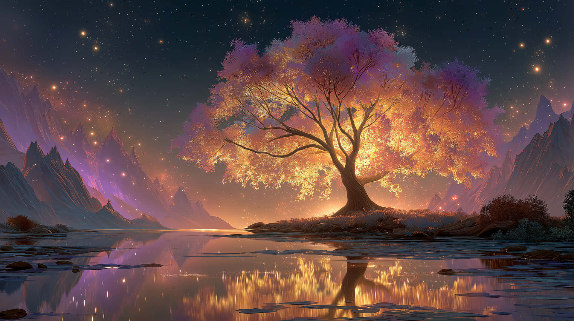Fantasy Tree with Glowing Foliage by a Reflective Lake 壁紙 — 一棵雄偉的樹，帶有發光的橙色和紫色葉子，獨自站在河岸上，背景是星空和山脈。
