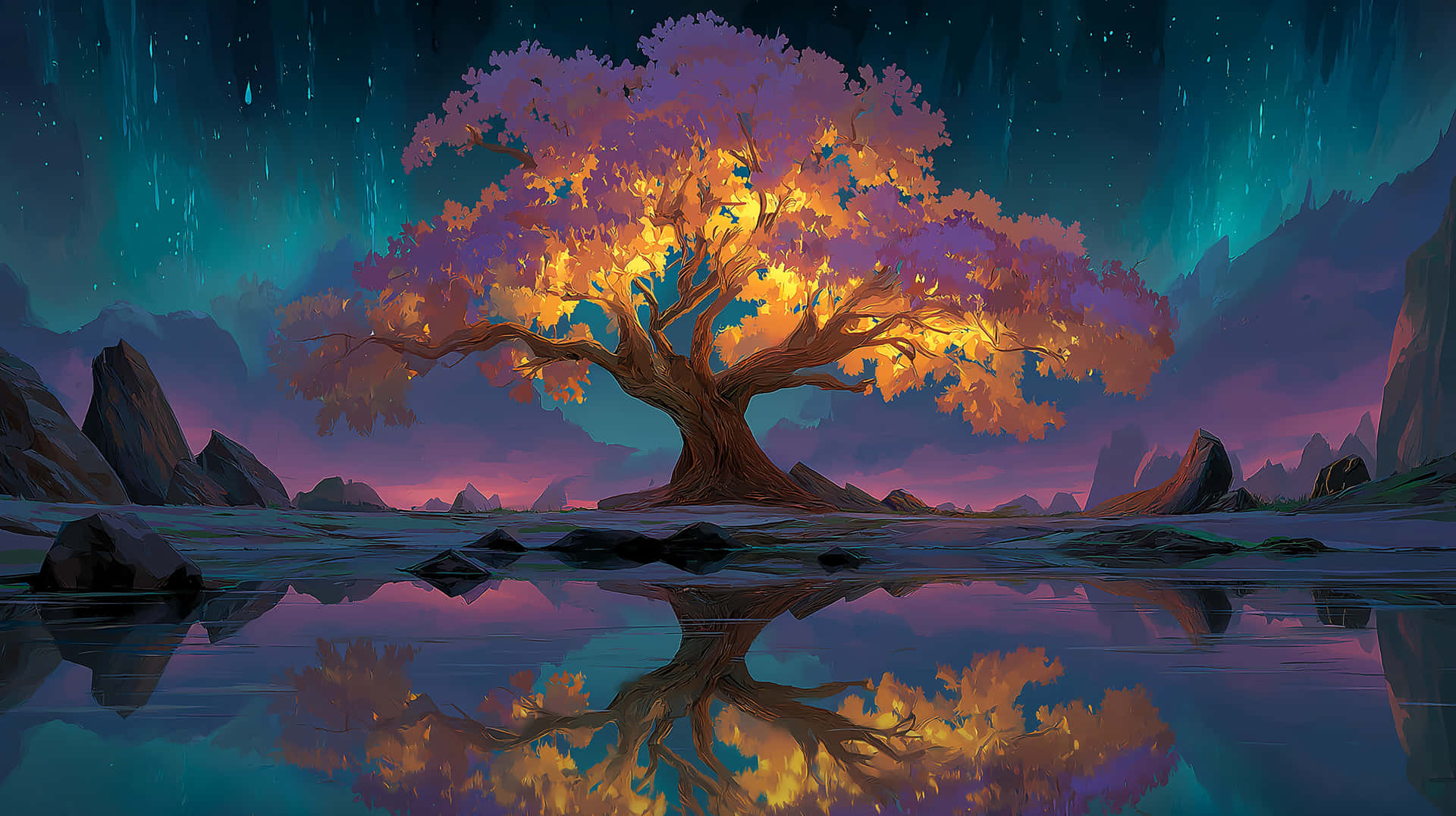 Vibrant Glowing Tree Reflected in Water with Mountains 壁紙 — 一棵雄偉的樹，帶有發光的橙色葉子，矗立在平靜的水中，倒映著崎嶇山脈上充滿活力的極光天空。